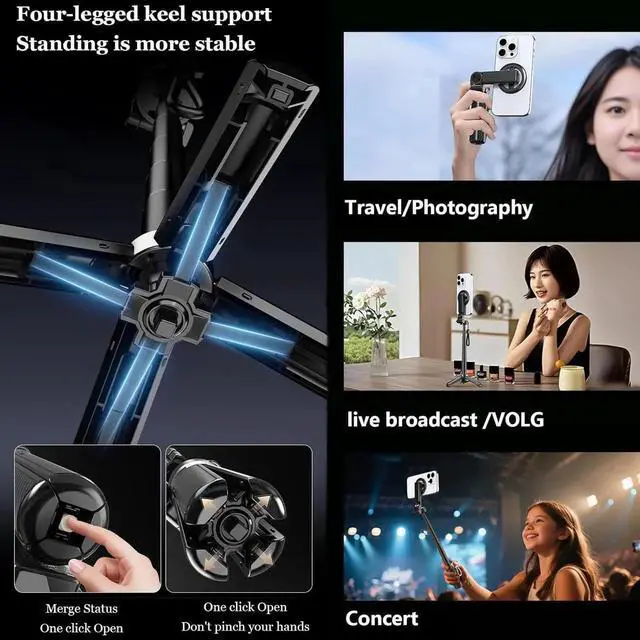 Alt view image 3 of 7 - 4-in-1 Multifunctional Magnetic Selfie Stick, 360°Rotation Phone Stand with Wireless Remote for iPhone & Android, Phone Tripod for Home, Travel, Vlogging & Video Recording