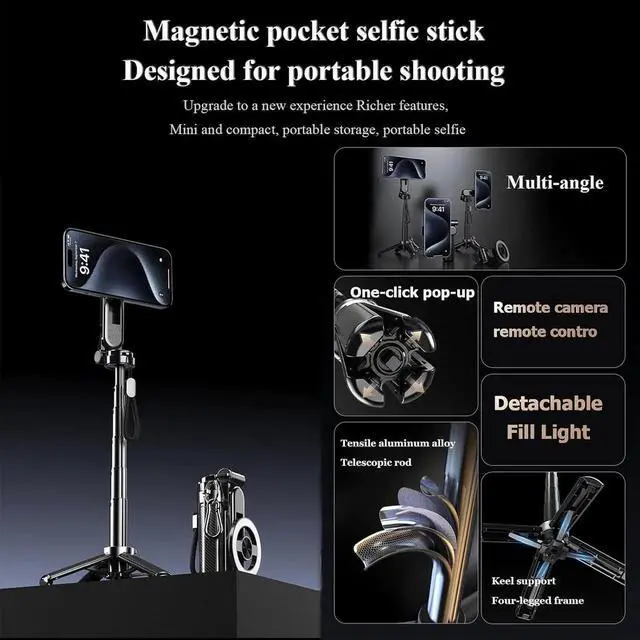 Alt view image 7 of 7 - 4-in-1 Multifunctional Magnetic Selfie Stick, 360°Rotation Phone Stand with Wireless Remote for iPhone & Android, Phone Tripod for Home, Travel, Vlogging & Video Recording