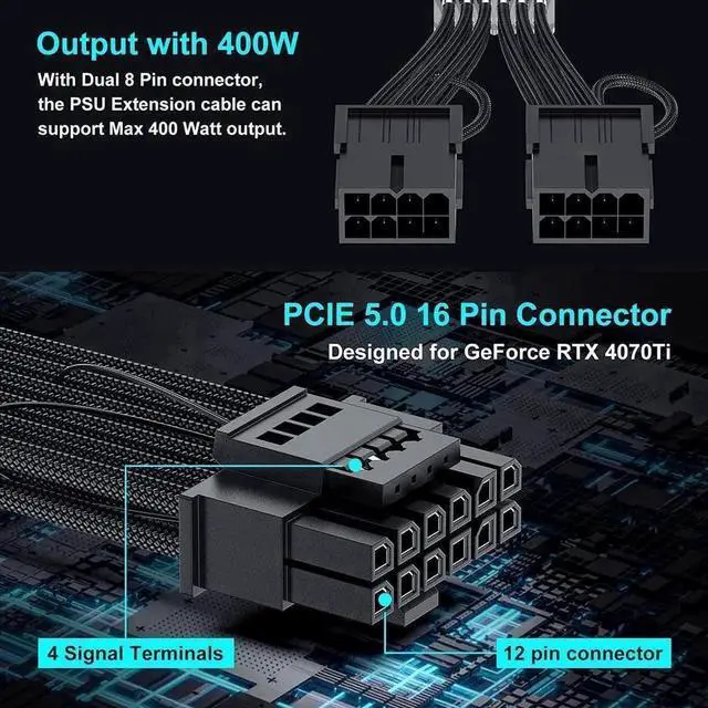 Alt view image 2 of 7 - PCIE 5.0 RTX 4070Ti 16Pin GPU Power Extension Cable, PCI-e 5.0 12VHPWR GPU Cable Adapter 16Pin(12+4) Male to 2X8Pin Female Extension Cord Designed for Geforce RTX 4070 4070 Super-13Inch Black