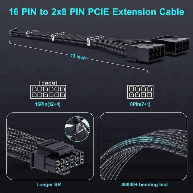 Alt view image 7 of 7 - PCIE 5.0 RTX 4070Ti 16Pin GPU Power Extension Cable, PCI-e 5.0 12VHPWR GPU Cable Adapter 16Pin(12+4) Male to 2X8Pin Female Extension Cord Designed for Geforce RTX 4070 4070 Super-13Inch Black