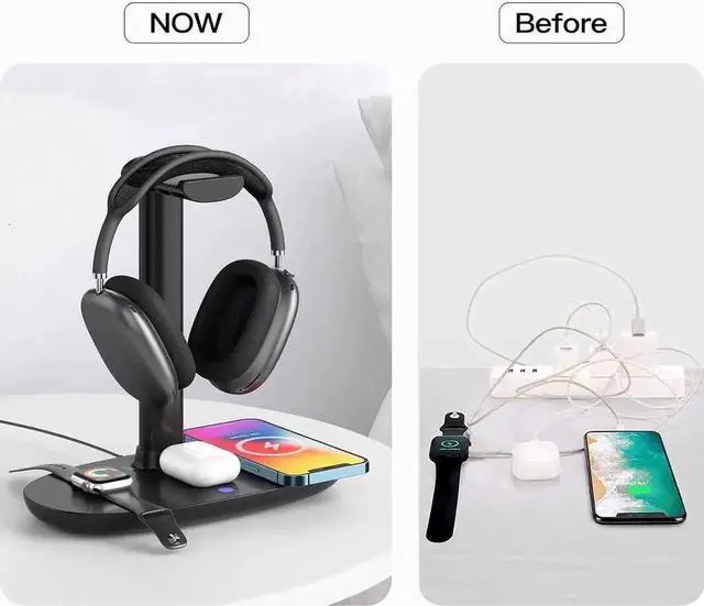 Alt view image 5 of 7 - Headphone Stand with 15w Wireless Charger, 4 in 1 Charging Station Headset Holder for AirPods Max/Pro/4/3/2 iWatch 10/9/8/7/6/5/4/3/2/1/SE iPhone 16/15/14/13/12/11/X for Desktop Table Game
