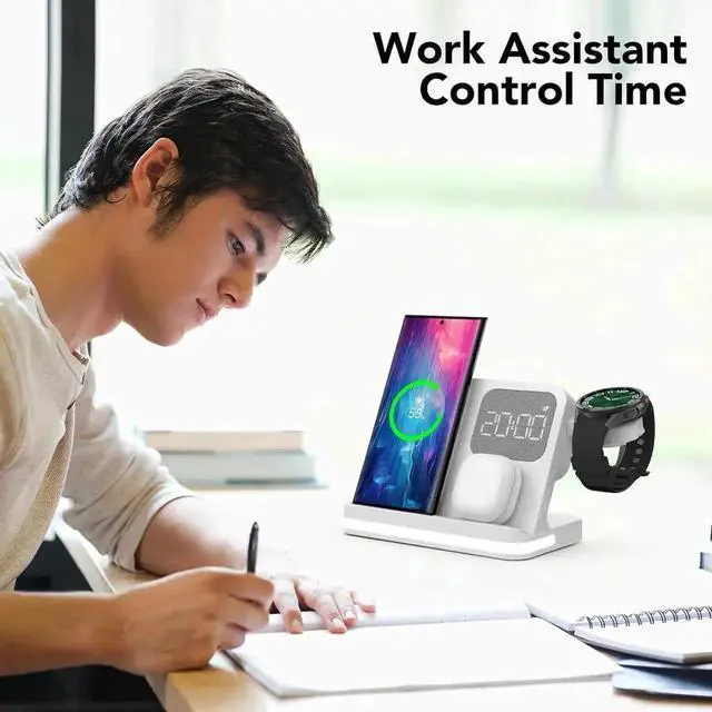 Alt view image 5 of 6 - 4 in 1 Wireless Charger with Alarm Clock Compatible for Galaxy Watch 7/Ultra/FE/6/5 Pro Galaxy S25/Ultra/S25+/S24/S23/Note 20/Z Flip 6/5 Fold 6/5 Galaxy Buds 3/2/Pro Multiple Devices Charging Station