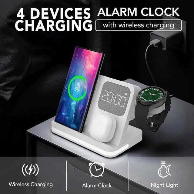 Alt view image 6 of 6 - 4 in 1 Wireless Charger with Alarm Clock Compatible for Galaxy Watch 7/Ultra/FE/6/5 Pro Galaxy S25/Ultra/S25+/S24/S23/Note 20/Z Flip 6/5 Fold 6/5 Galaxy Buds 3/2/Pro Multiple Devices Charging Station