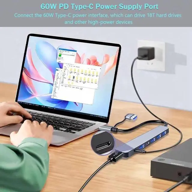 Alt view image 2 of 7 - 2-in-1 USB-A USB-C Hub 7 in 1 USB Hub Adapter Docking Station Dongle USB A Type-C Hub to Multi Port USB Speed 5Gbps PD Charging USB C Hub