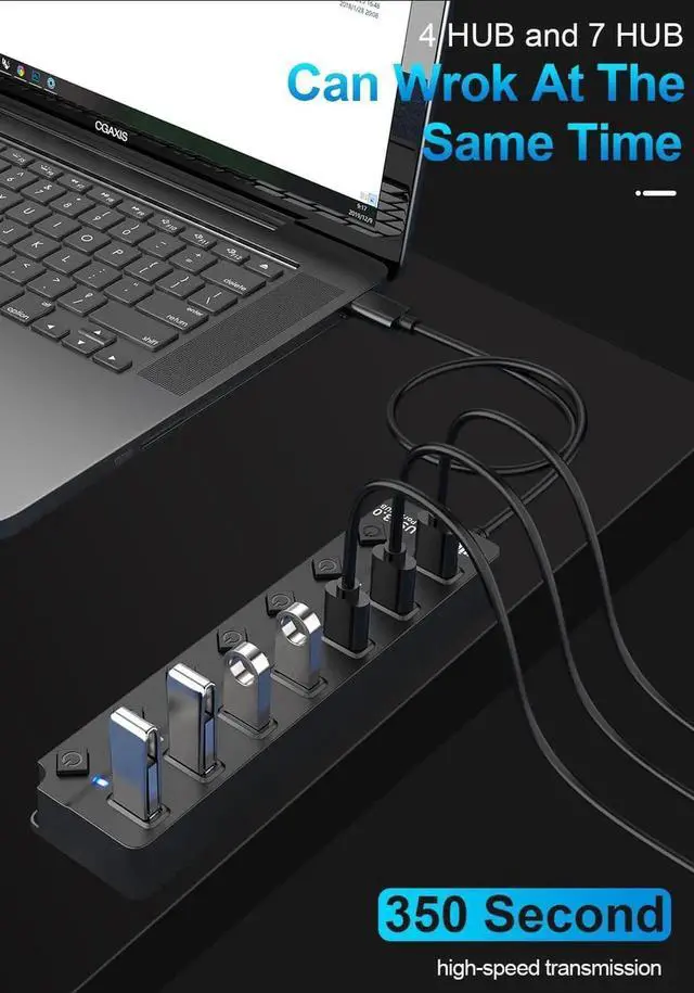 Alt view image 2 of 7 - 7-Port Powered USB 3.0 Hub, Super Speed USB 3.0 Hub, USB Extender, Data Hub with 5V DC Power Adapter for MacBook, Mac Pro, Mac Mini, Laptop, Desktop