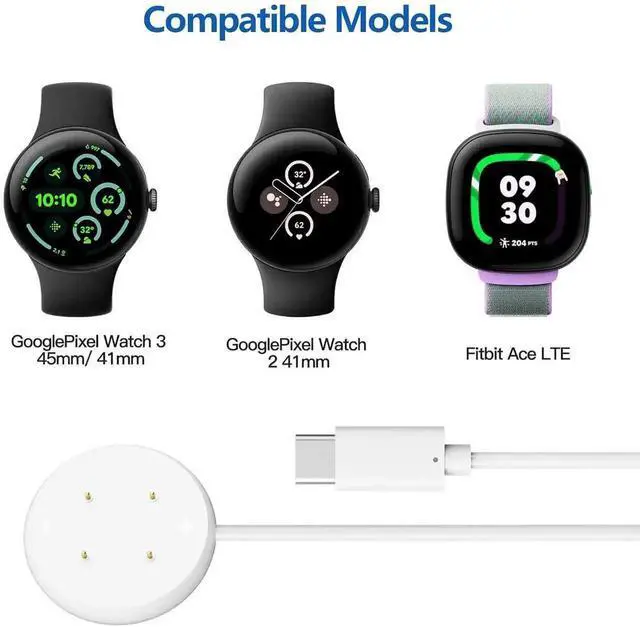 Alt view image 4 of 7 - 2 Pack Charger Compatible for Google Pixel Watch 3, Pixel Watch 2, Fitbit Google Ace LTE Charger Cable, Fast Charging, Type C Port Magnetic Charging Smartwatch Cable 3.3ft/1M White