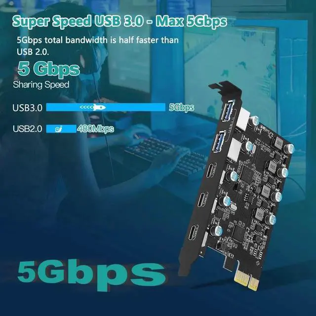 Alt view image 7 of 7 - USB 3.0 PCI-e Expansion Card 5-Port(3X USB C - 2X USB A), PCI-e to USB 3.0 HUB Adapter Superspeed 5Gbps, Fits PCI Express x1, x4, x8 or x16 socket.