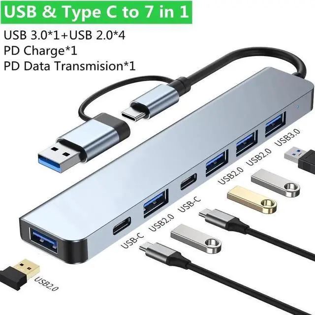 Main image of Aluminum 7 in 1 USB C & USB Hub with USB 3.0, USB 2.0 Ports for PC/Laptops/MacBook Pro/Air/iMac/iPad and More Devices