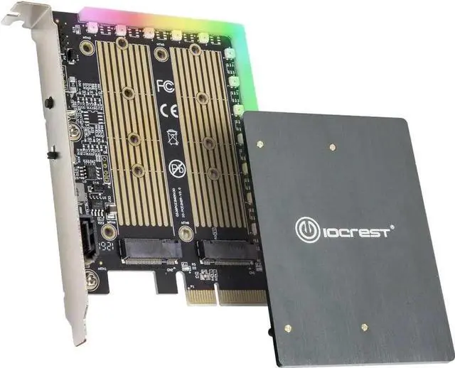 Main image of Dual M.2 SATA and PCIe Nvme SSD to PCIe X4 Adapter Card with 5V RGB Heatsink