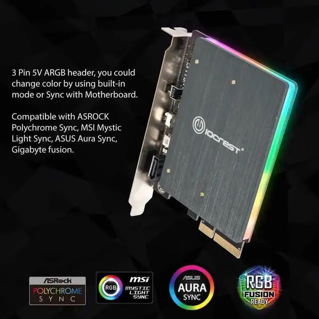 Alt view image 3 of 7 - Dual M.2 SATA and PCIe Nvme SSD to PCIe X4 Adapter Card with 5V RGB Heatsink