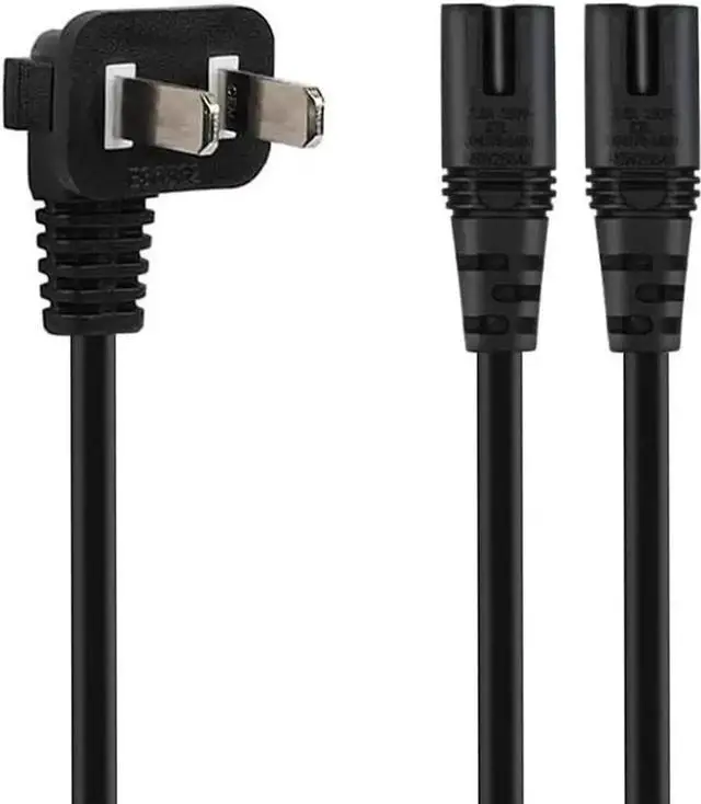 Alt view image 2 of 4 - 6FT Non-Polarized AC Power Cord 2 Prong 1-15p to Dual C8 Figure 8 Power Cable CCC Listed Universal Replacement Wall Cable (90 Degree Angle)