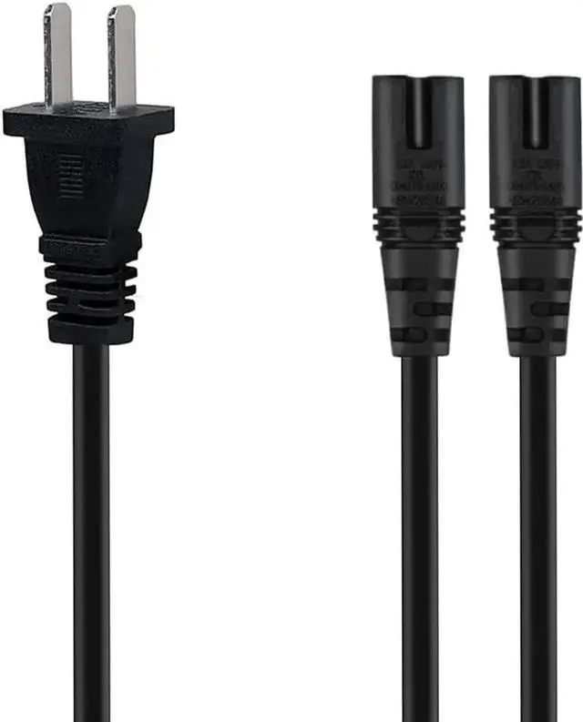 Alt view image 3 of 4 - 6FT Non-Polarized AC Power Cord 2 Prong 1-15p to Dual C8 Figure 8 Power Cable CCC Listed Universal Replacement Wall Cable (180 Degree Angle)