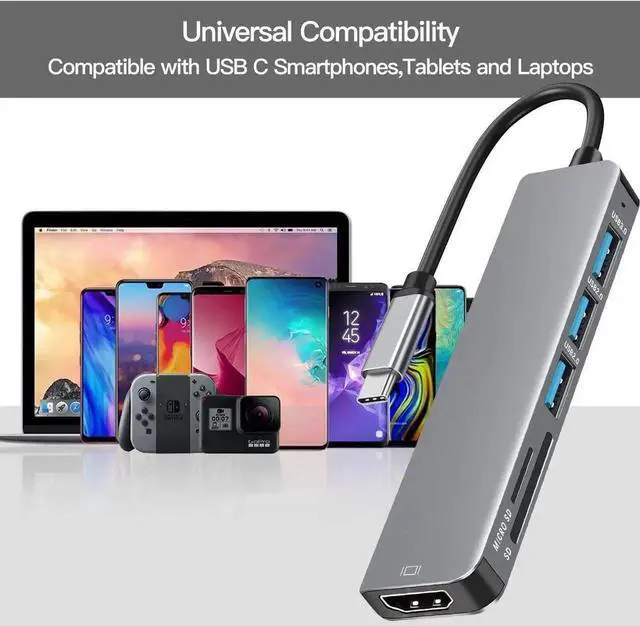 Alt view image 6 of 7 - USB C Hub/Adapter, 6 in 1 with 4K HDMI Output, USB 3.0, 2*USB 2.0, SD/TF Card Reader, USB C Dongle for MacBook Pro/Air, XPS More Type C Devices