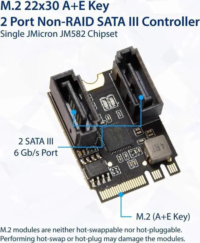 Alt view image 2 of 4 - 2 Ports SATA III 6gb/s to M.2 NGFF A Key + E Key A+E Key 22x30 2230 mm JMicron JMB582
