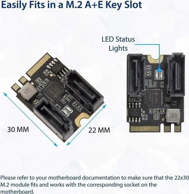 Alt view image 4 of 4 - 2 Ports SATA III 6gb/s to M.2 NGFF A Key + E Key A+E Key 22x30 2230 mm JMicron JMB582