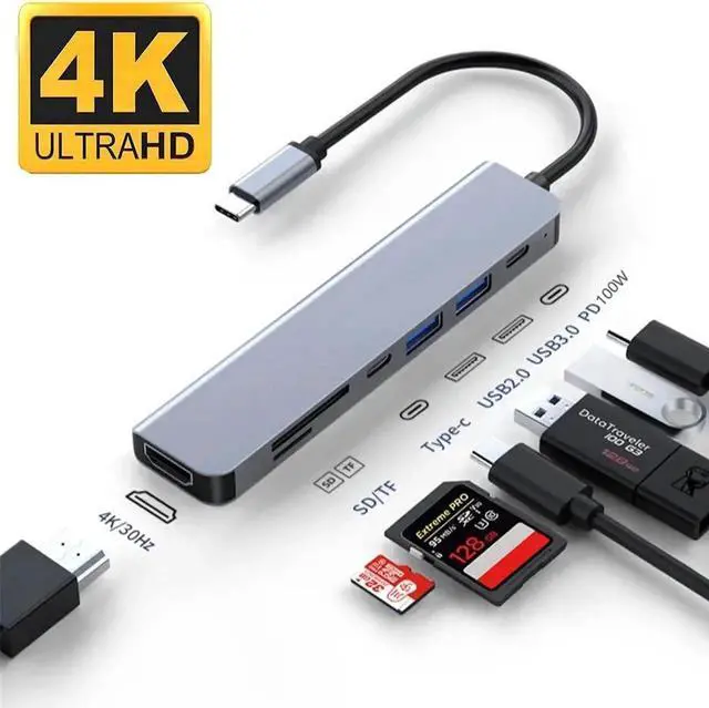 Main image of Aluminum 7 in 1 USB C Hub with USB 3.0, USB 2.0 Ports, 100W PD, 4K HDMI, TF/SD Card Reader, USB-C Data Ports for MacBook Pro Air and More Devices