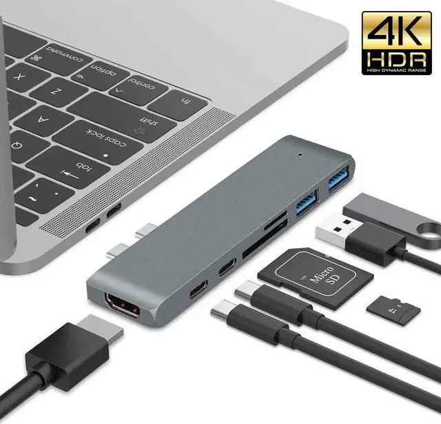 Main image of Dual USB C Hub Adapter,7-in-2 Aluminum Type-C Pro with Thunderbolt 3(40Gbs),HDMI 4K,USB-C Data,Micro/SD Card Readers,2 x USB 3.0 - Compatible with 2016/2017/2018 MacBook Pro - Gray