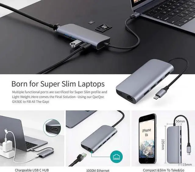 Alt view image 2 of 7 - Basix T7 USB C Hub Adapter for MacBook pro 2018/2017/2016, 8 in 1 40Gbps Type C Hub with USB-C 100W Power Delivery, USB C 5Gbps Data, 5K HDMI, microSD/SD Card Reader, 3xUSB 3.0 Ports -Gray