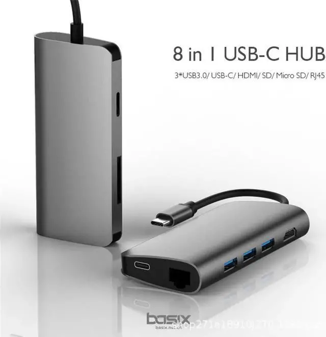 Alt view image 5 of 7 - Basix T7 USB C Hub Adapter for MacBook pro 2018/2017/2016, 8 in 1 40Gbps Type C Hub with USB-C 100W Power Delivery, USB C 5Gbps Data, 5K HDMI, microSD/SD Card Reader, 3xUSB 3.0 Ports -Gray