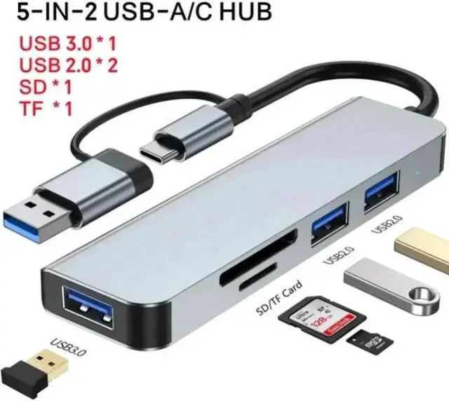 Main image of Aluminum 5 in 1 USB C & USB Hub with USB 3.0, 2*USB 2.0 Ports, TF/SD Card Reader for PC/Laptops/MacBook Pro/Air/iMac/iPad and More Devices