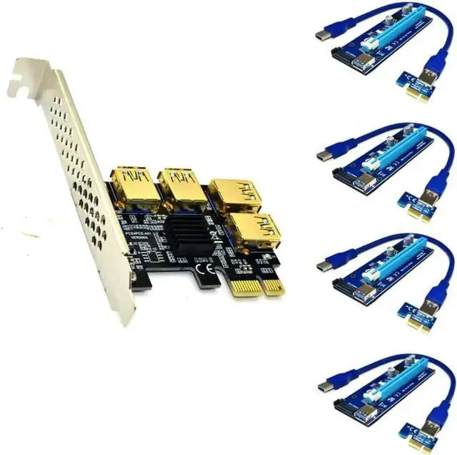 Main image of PCI-E 1x to 16x Riser Card PCI-Express 1 to 4 Slot PCIe USB3.0 Adapter Port Multiplier Miner Card for BTC Bitcoin Miner Mining (4*sata Cables)