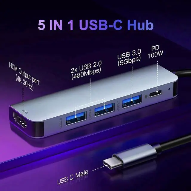 Alt view image 5 of 7 - USB C Hub 3.0 with HDMI 4k, 5 in 1 USB C Hub Splitter Multiport Network Adapter with 1 x HDMI 4k Port, 1 x USB 3.0, 2 x USB 2.0 and 1 x USB C, for MacBook Pro Air/foriphone 15/ for pad pro/HDTV