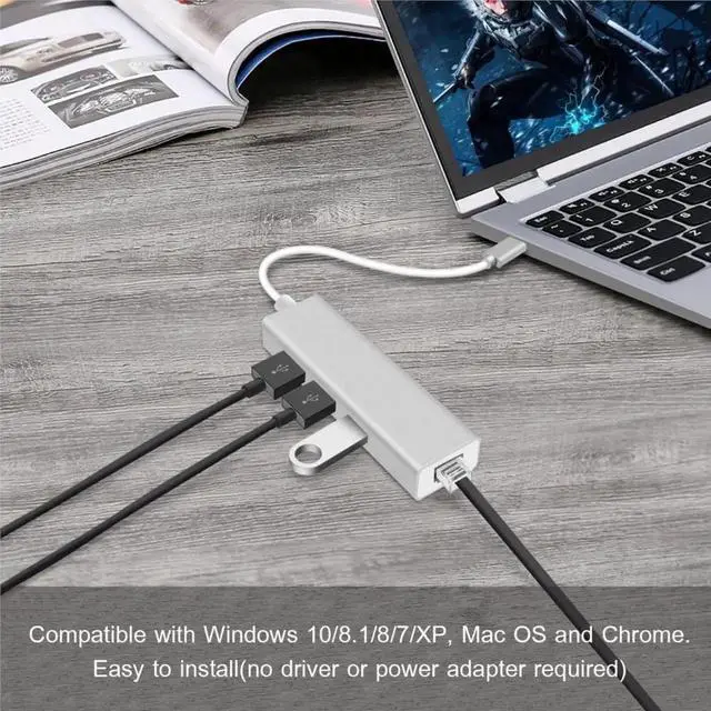 Alt view image 3 of 7 - USB C to Ethernet Adapter with 3 Port USB3.0, USB Type C to 1000/100/10Mbps RJ45 LAN Gigabit Ethernet Network Adapter for Type C Laptops and Other USB Type C Devices,Windows 7/8/8.1/10,MacOS- Gray