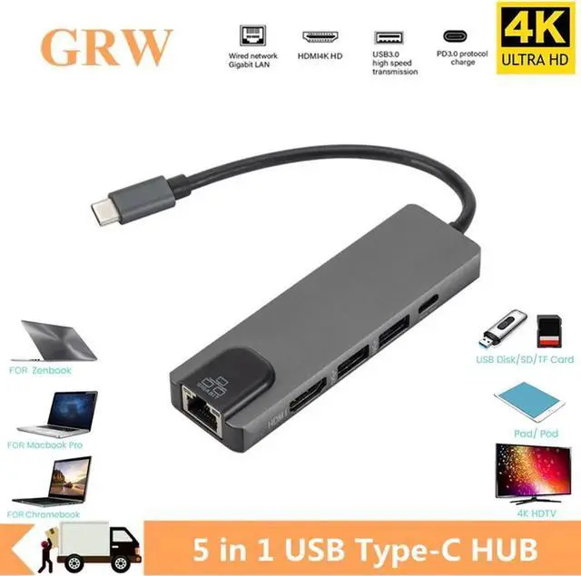 Alt view image 2 of 7 - 5 in 1 USB 3.1 Type C Hub HDTV -Compatible 4K USB C Hub to Gigabit Ethernet Rj45 Lan Adapter for Mac book Pro Thunderbolt 3