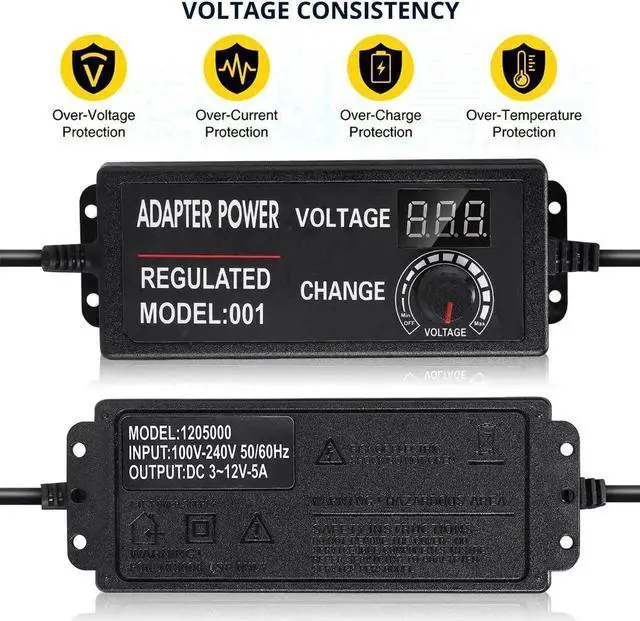 Alt view image 5 of 7 - 3V-12V 5A 60W Adjustable Power Supply with LED Display, Variable DC 3V 5V 6V 9V 12V Universal AC/DC Adapter, 100V-240V AC to DC 3-12V Switching Power Converter Multi-Voltage Regulated Adaptor - OEM
