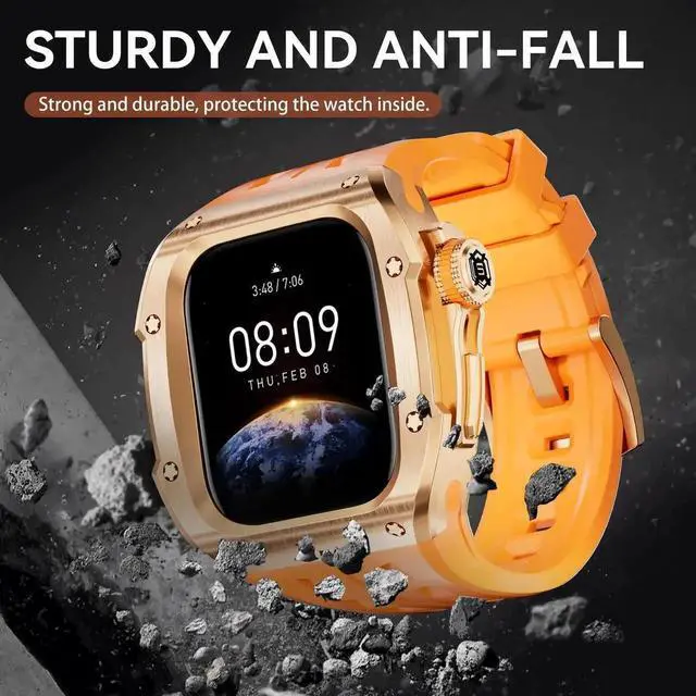 Alt view image 6 of 7 - Mod Kit Stainless Steel Case for Apple Watch Series 10 46mm Rugged Metal Bumper Case Protective Wristband Replacement Band for iWatch 46 mm Pink