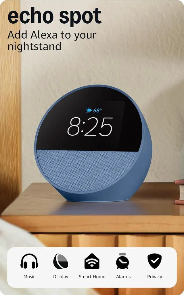 Main image of Echo Spot (newest model), Great for nightstands, offices and kitchens, Smart alarm clock with Alexa, Ocean Blue