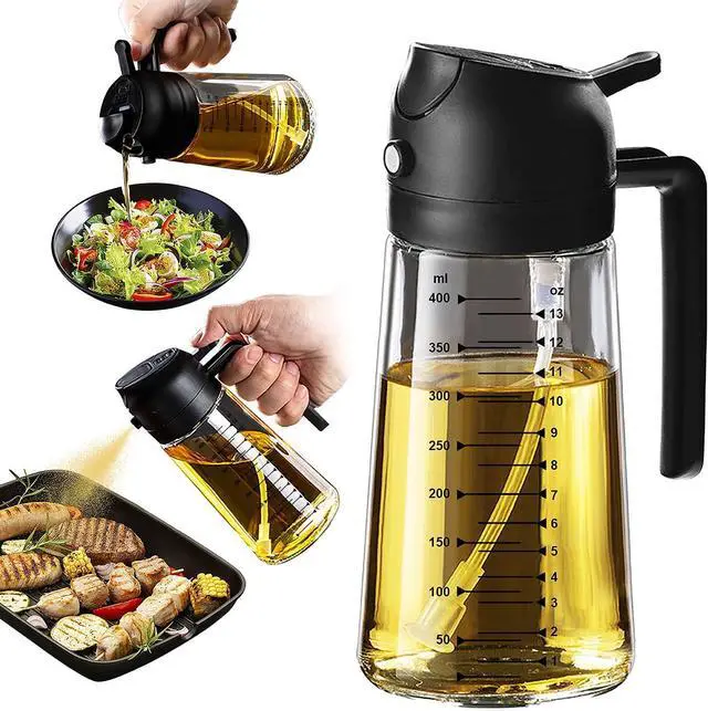 Main image of 16oz/470ml Glass Olive Oil Sprayer for Cooking  2 in 1 Olive Oil Dispenser Bottle for Kitchen Gadgets and Air Fryer Accessories, Salad, BBQ - Black