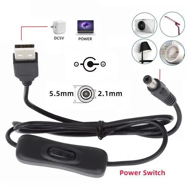 Alt view image 5 of 7 - DC 5.5x2.1mm Plug to USB Type-A Cable with On Off Power Switch Button for DC 5V Desk Lamp Fan Camera