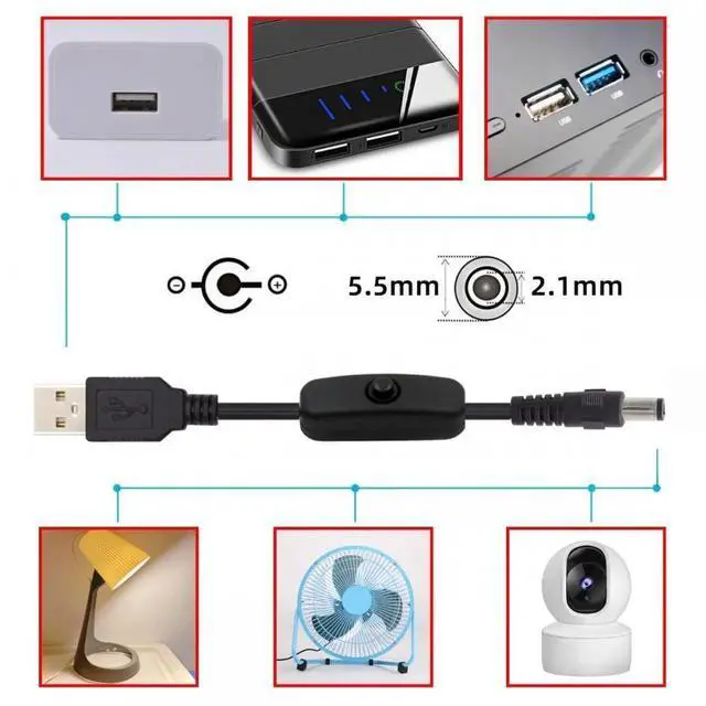 Alt view image 4 of 7 - DC 5.5x2.1mm Plug to USB Type-A Cable with On Off Power Switch Button for DC 5V Desk Lamp Fan Camera