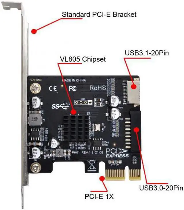 Alt view image 7 of 7 - UC-039 5Gbps Type-E USB 3.1 Front Panel SocketUSB 2.0 to PCI-E 1X Express Card VL805 Adapter for Motherboard
