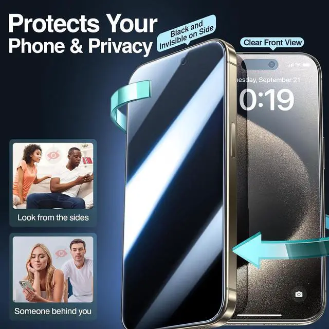 Alt view image 2 of 7 - SMARTDEVIL 2 Pack Privacy Screen Protector for iPhone 15 Pro, [Anti-Spy] [Military-Grade Shatterproof] [9H Hardness] Tempered Glass, [Easy Installation], Dust-Free Box