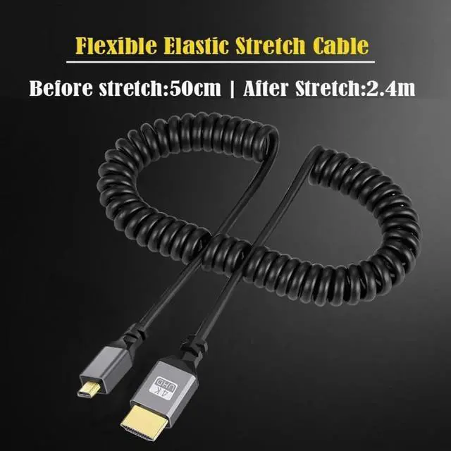 Alt view image 4 of 7 - Micro HDMI 2.0 Male to HDMI Male 4K 60hz Stretch Coiled Cable Straight Connector for HDTV Computer Laptop Monitor