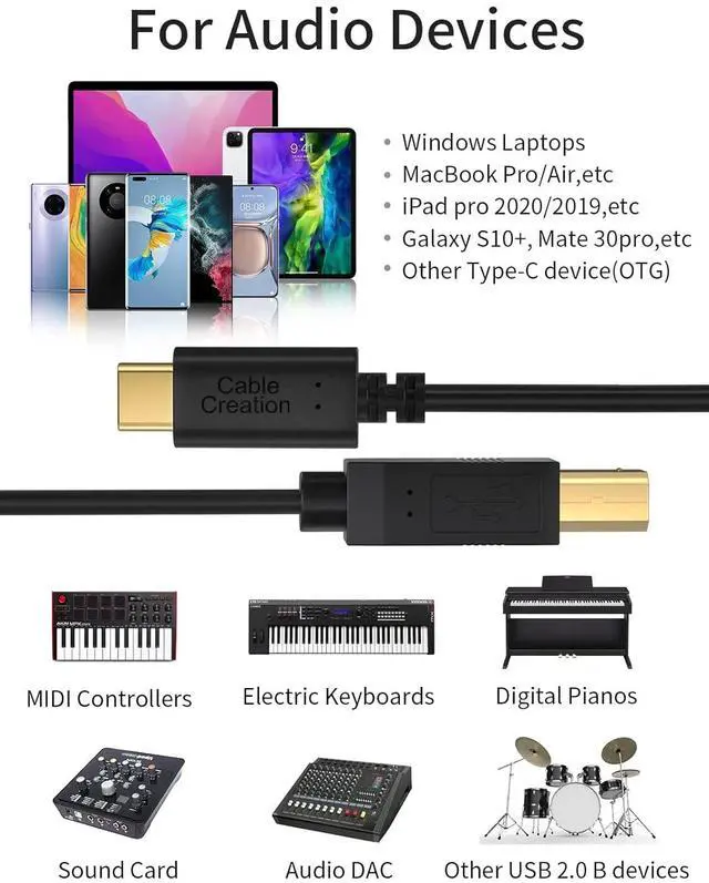 Alt view image 7 of 7 - USB B to USB C Printer Cable 6.6FT, Type B to Type C Printer Cord for MacBook Pro, Air, MIDI Cable for Yamaha Casio Digital Piano, MIDI Keyboard, DJ Controller, DAC to iPad - 2M, Black