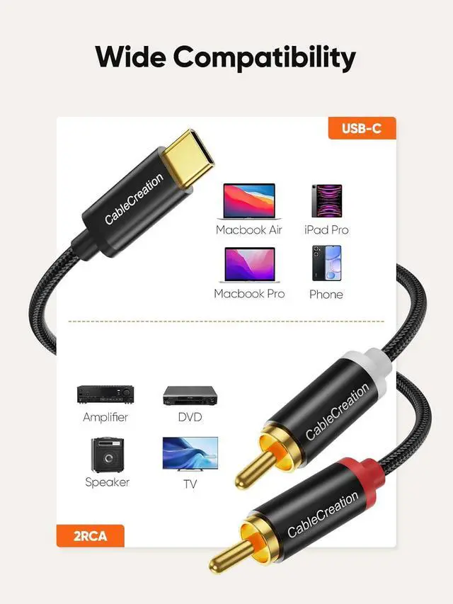 Alt view image 7 of 7 - CableCreation USB C to RCA Audio Cable 10FT, Type-C to 2 Male Y RCA Splitter, RCA to USB C for iPhone 15 Series, Tablet, Home Theater, DVD, Amplifier, Speaker, Car Stereo, Samsung Galaxy S23