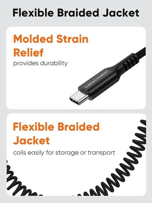 Alt view image 4 of 7 - CableCreation Coiled USB C to USB C Cable, Braided Charger Cable for CarPlay & Android Auto Compatible with iPhone 16, 15, Samsung Galaxy S24 / S23, Google Pixel, Tablet