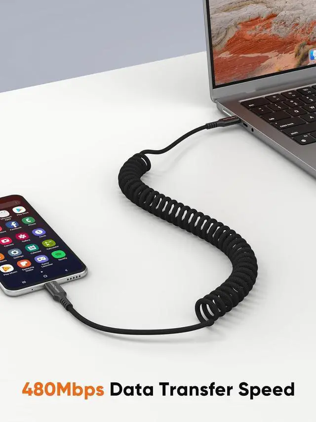 Alt view image 3 of 7 - CableCreation Coiled USB C to USB C Cable, Braided Charger Cable for CarPlay & Android Auto Compatible with iPhone 16, 15, Samsung Galaxy S24 / S23, Google Pixel, Tablet