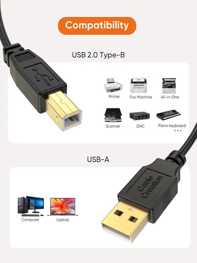 Alt view image 6 of 6 - CableCreation 10 FT USB 2.0 A to B Printer Cable - High Speed for HP, Brother, Epson, Canon, More - 3M