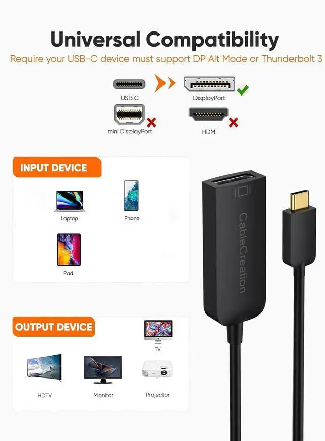 Alt view image 2 of 7 - CableCreation USB C to DP Adapter 4K@60Hz, USB C to DisplayPort Adapter, Compatible with iPhone 16 15 Pro Max Plus, MacBook Pro Air, Mac Mini, iPad Pro, XPS, Galaxy, Rift S, Black