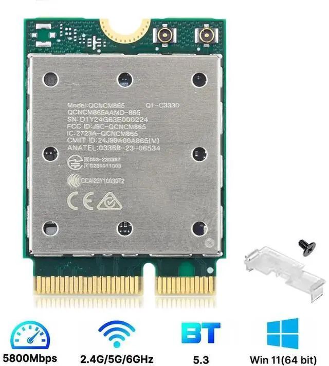 Main image of QCNCM865 Wi-Fi 7 Card for PC, NGFF M.2 Key E, Tri-Band 6GHz 5GHz 2.4GHz, Bluetooth Adapter with Antenna, Compatible with Intel & AMD Motherboards, Windows 11 Only