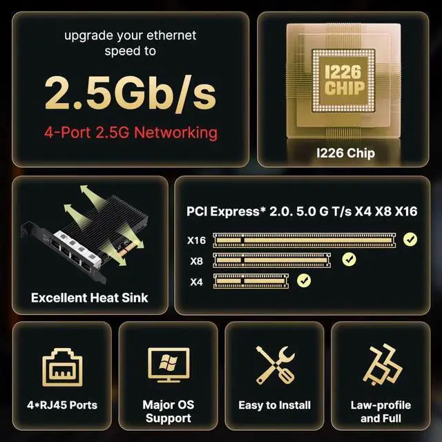 Alt view image 3 of 7 - 2.5G PCIe Ethernet Card with Intel I226 Chip, 2500Mbps Gigabit Network Adapter to PCIE X4 X8 X16 NIC for Windows 10/11, Windows Server 2019/2022; Linux