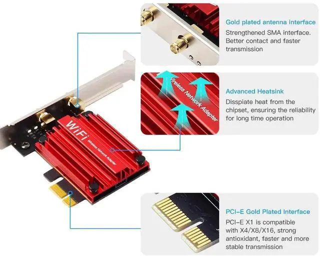 Alt view image 2 of 7 - PCI-E WiFi 6 Network Card AX1800Mbps Bluetooth 5.2 Heat Sink 802.11AX 2.4Ghz/5Ghz Wireless PCIe Network Wi-Fi 6 Card PCI Express WiFi Adapters 6dBi Dual Band Antenna for Windows 11/10 64-bit