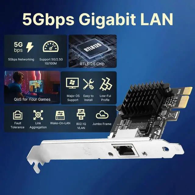 Alt view image 5 of 7 - 5Gb Base-T Network Card, RTL8126 Controller 5G PCIe Ethernet Adapter, PCIe to RJ45 Port NIC Card, for Windows10/11/Windows Server/Linux