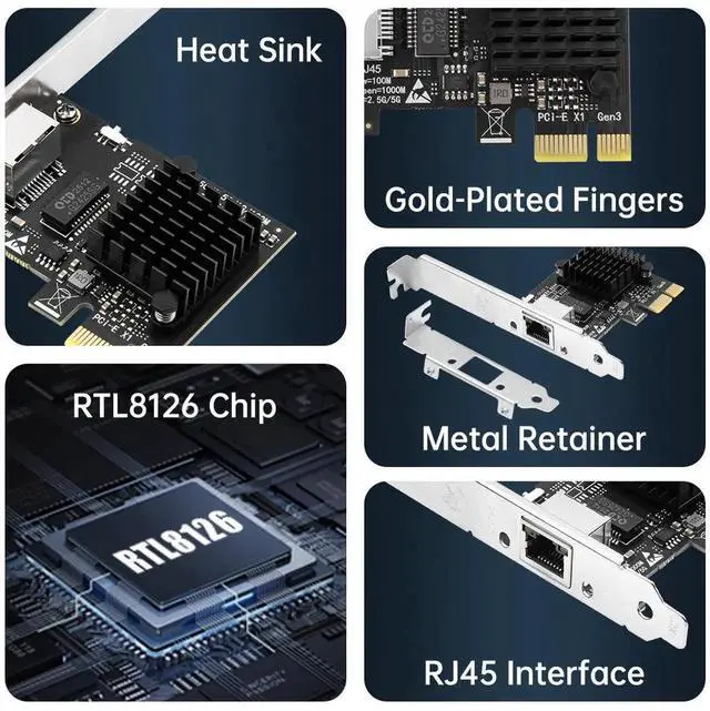 Alt view image 6 of 7 - 5Gb Base-T Network Card, RTL8126 Controller 5G PCIe Ethernet Adapter, PCIe to RJ45 Port NIC Card, for Windows10/11/Windows Server/Linux
