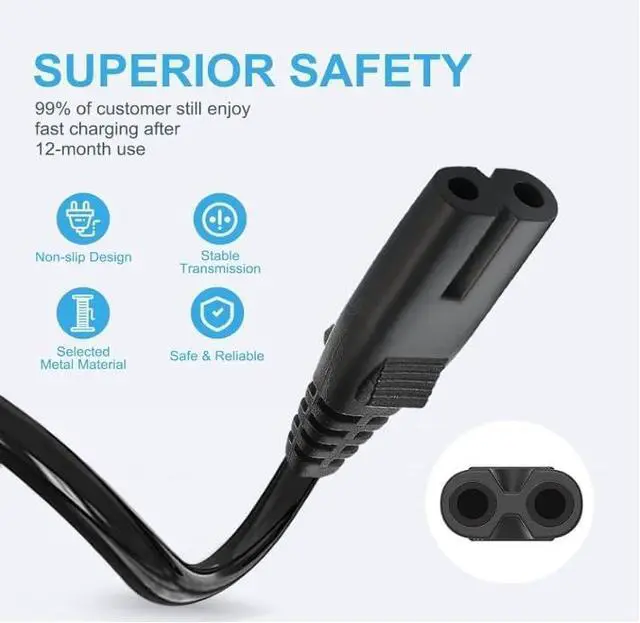 Alt view image 2 of 6 - 10FT 2 Prong Power Supply Cable Cord for Sony PS5/PS4/PS3, Xbox Series S/X, Xbox One S/X, PlayStation 5 4 3, TCL Roku Smart TV 32" 40" 43" 50" 55" 60" 65" 75" 85" Inch Replacement Plug A