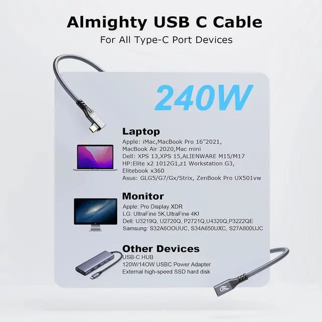Alt view image 7 of 7 - Long USB C 3.2 Cable Gen-2 240W Charging Extension 5m 16.5ft 90' Elbow Thunderbolt 3 Male to Female Data Transfer 20Gbps 48V/5A Type-C Video 4K Compatible with MacBook M1/M2/M3